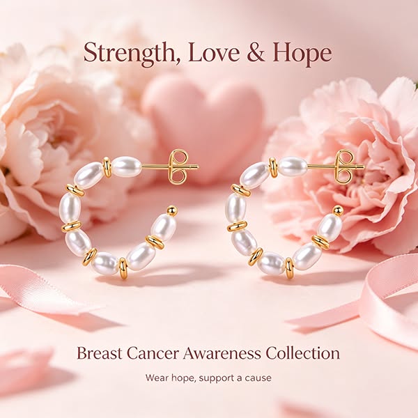 Support Breast Cancer Awareness |Gold Cala Pearl Hoops| Buy 1 Get 1 Free Today