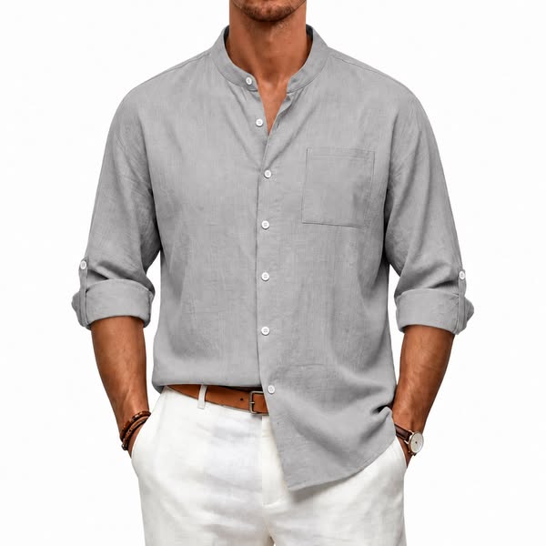 Men's Linen Band Collar Shirt