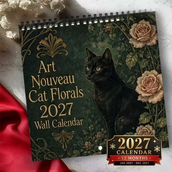 2027 Art Nouveau Cat Florals Calendar | 12 Months of Ornate Black
