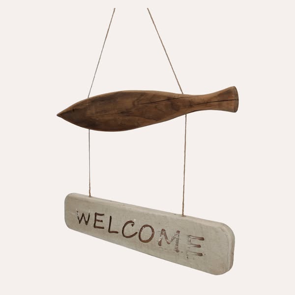 Carved wooden “Welcome” fish to hang 40×2×65H