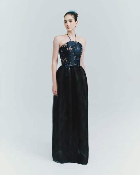 Halter Neck Corset Gown With Sheer Lace Overlay