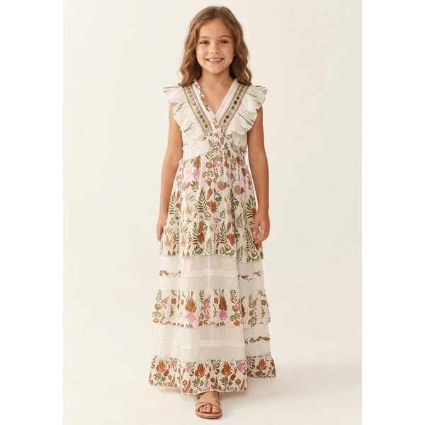 Vestido largo de algodón con cuello en V para niña - Aina