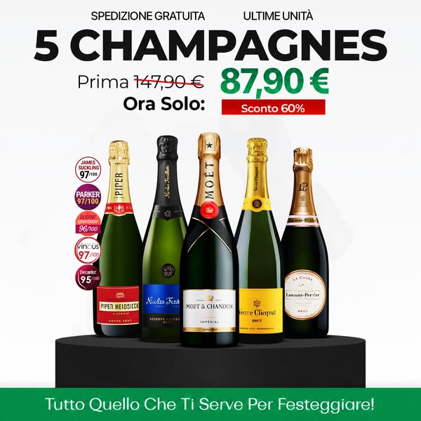 Selezione di 5 Champagne: Bollinger Special Cuvée, Veuve Clicquot Brut, Moët & Chandon Impérial Brut, Taittinger Brut Réserve e Laurent-Perr