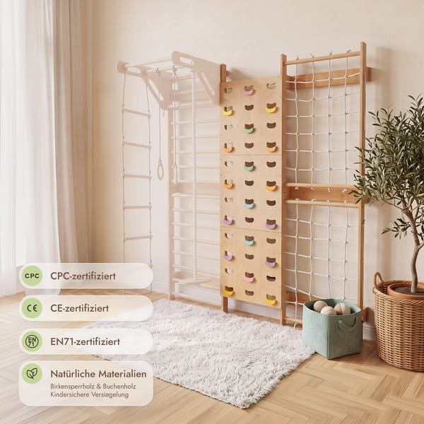 7-in-1 Kletterwand fürs Kinderzimmer mit Sprossenwand, Kletternetz, Klimmzugstange & (3in1) Kinderschaukel-Set