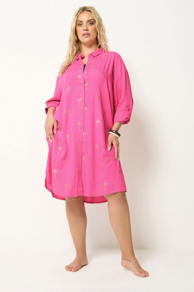Yours Plus Size Pink & Gold Palm Tree Shirt Dress