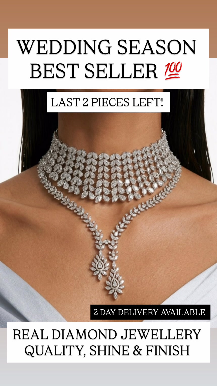 Maharani Heart & Diamond Necklace Set & Hiba Diamond-Like Zircon Compressed Setting Statement Necklace Set (2 Necklace & 2 Earrings) - $900