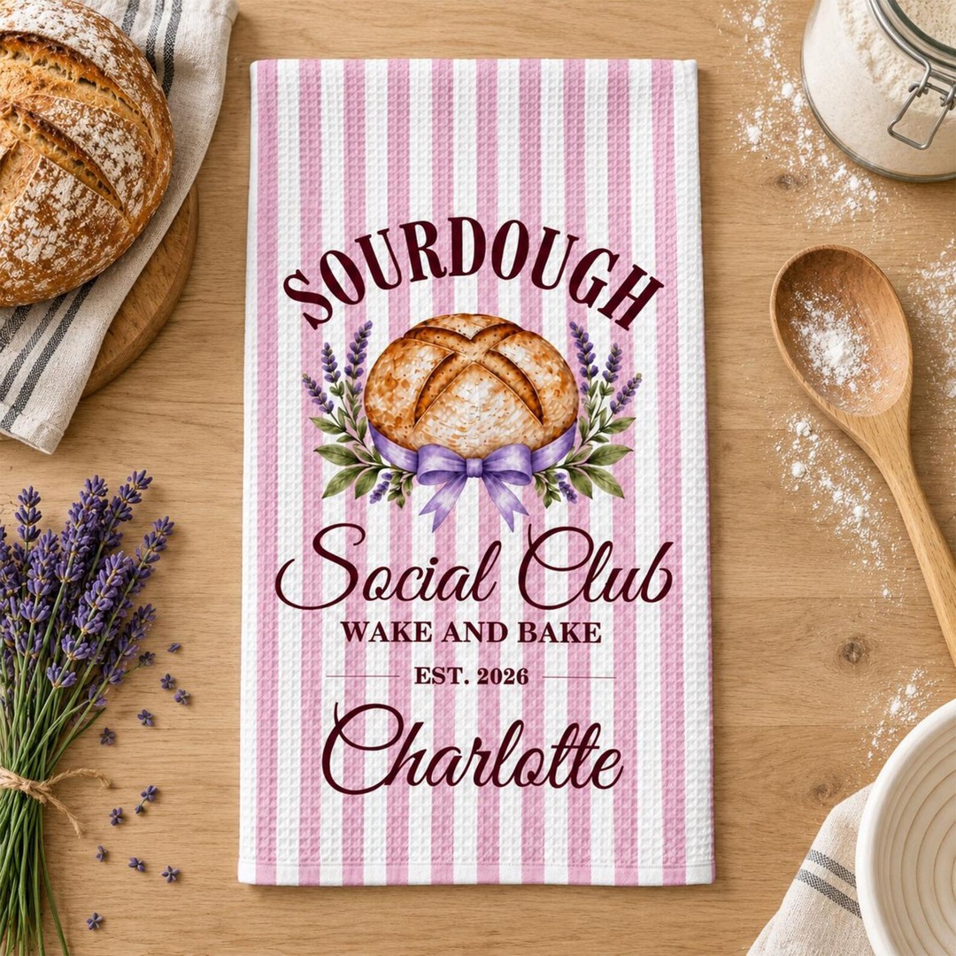 Personalized Sourdough Kitchen Towel, Bread Baker Social Club Dish Towel