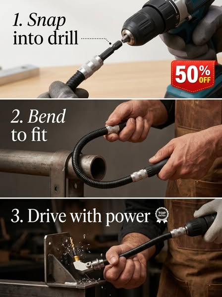 1/4" Quick-Release Right-Angle Drill Attachment with 300mm Flexible Extension Shaft &amp; Side Handle