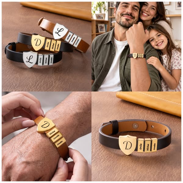 Personalized Shield Bracelet with Name, PU Leather Adjustable Jewelry, Sentimental Family Bracelet, Father's Day/Birthday Gift for Dad/Husba