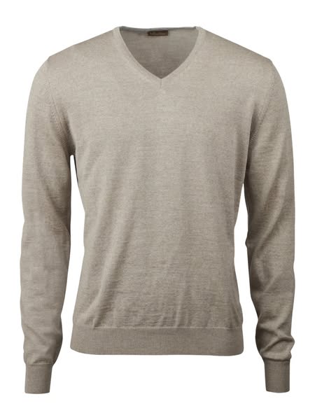Beige Melerad V-ringad Merinoullströja