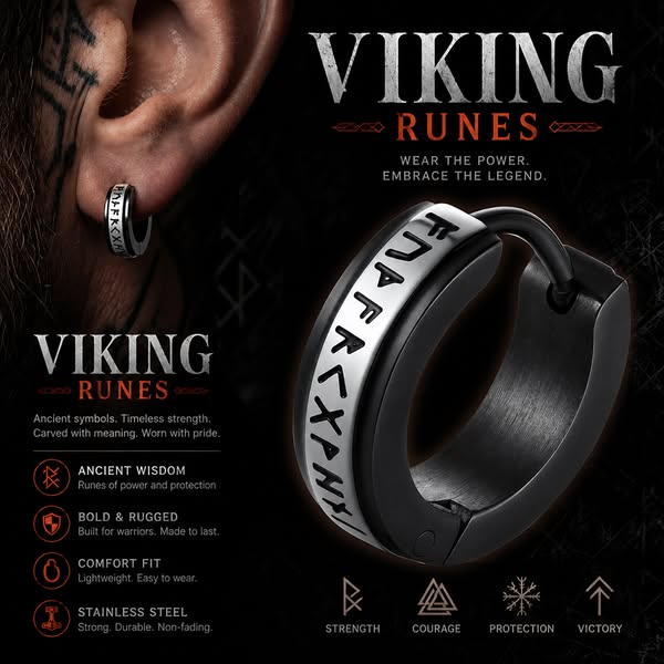 Viking Norse Rune Huggie Hoop Earrings for Men