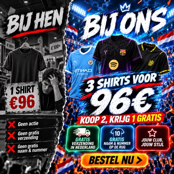 €96 = 2 shirts + 1 GRATIS + gratis bedrukking + gratis verzending in Nederland