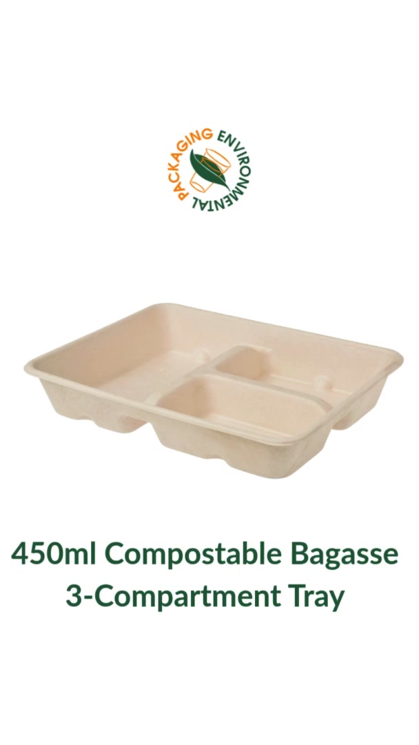 450ml Compostable Bagasse 3-Compartment Tray