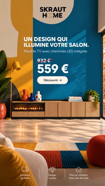 Meuble TV avec cheminée -40 % | Expédition sous 48–72 h