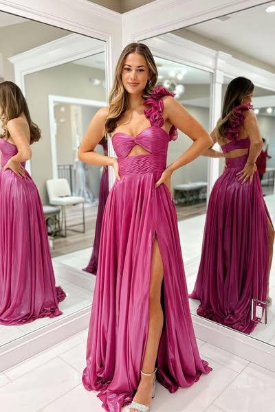 Charming Fuchsia One Shoulder Long Sleeveless Pleated Prom Dress with Split | MS0241 Yellow-US12
