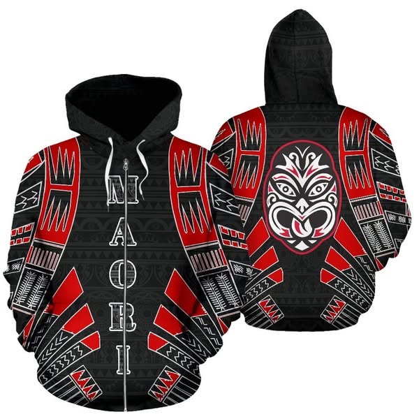 Maori New Zealand All Over Zip up Hoodie Polynesian Tattoo Style