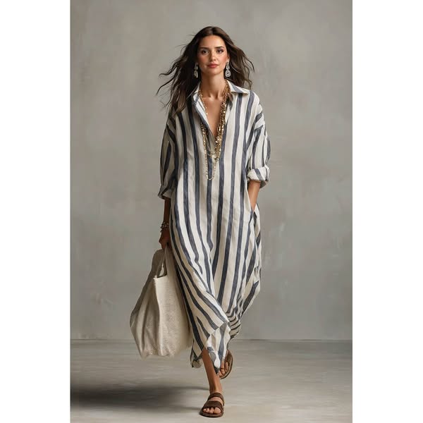 Deep V-Neck Stripe Printed Shirt Dress
