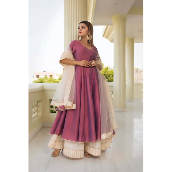 COTTON SILK PURPLE ANGRAKHA WITH PLAZZO AND SOFT NET DUPATTA SET