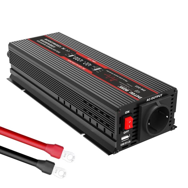 DATOUBOSS 1200W Pure Sine Wave Inverter 12V to 230V AC, 2500W Peak, USB Port, LED Display, EU Socket for Outdoor Work, Travel & Emergency Po
