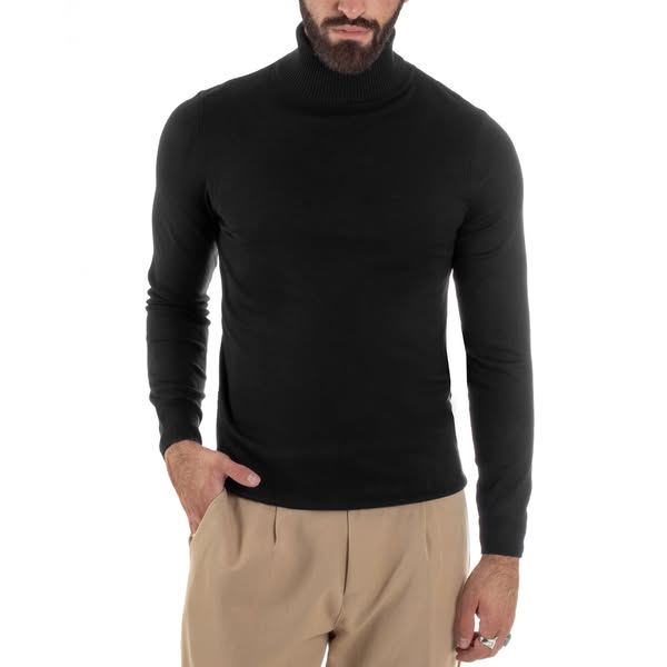 Maglioncino Uomo Collo Alto Maglia Rasata Dolcevita Basic Nero M2538A