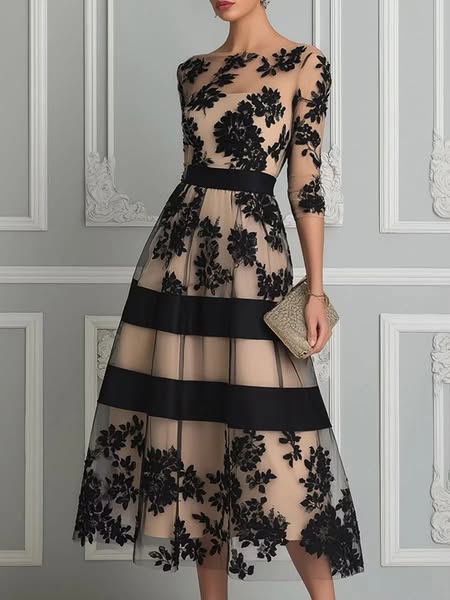 Elegant And Exquisite Floral Lace And Mesh Midi Evening Dress