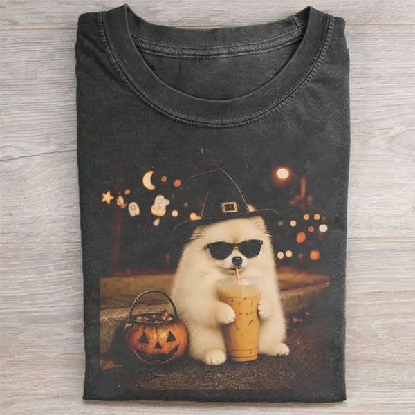 Spooky Pomeranian Witch Boba Tea Vintage Tee