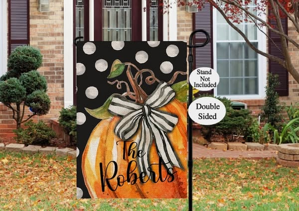 Personalized Fall Garden Flag, Polka Dot Pumpkin Garden Flag, Autumn Flag, Double Sided Flag, Outdoor Fall Decor, Welcome Flag, Yard Flag