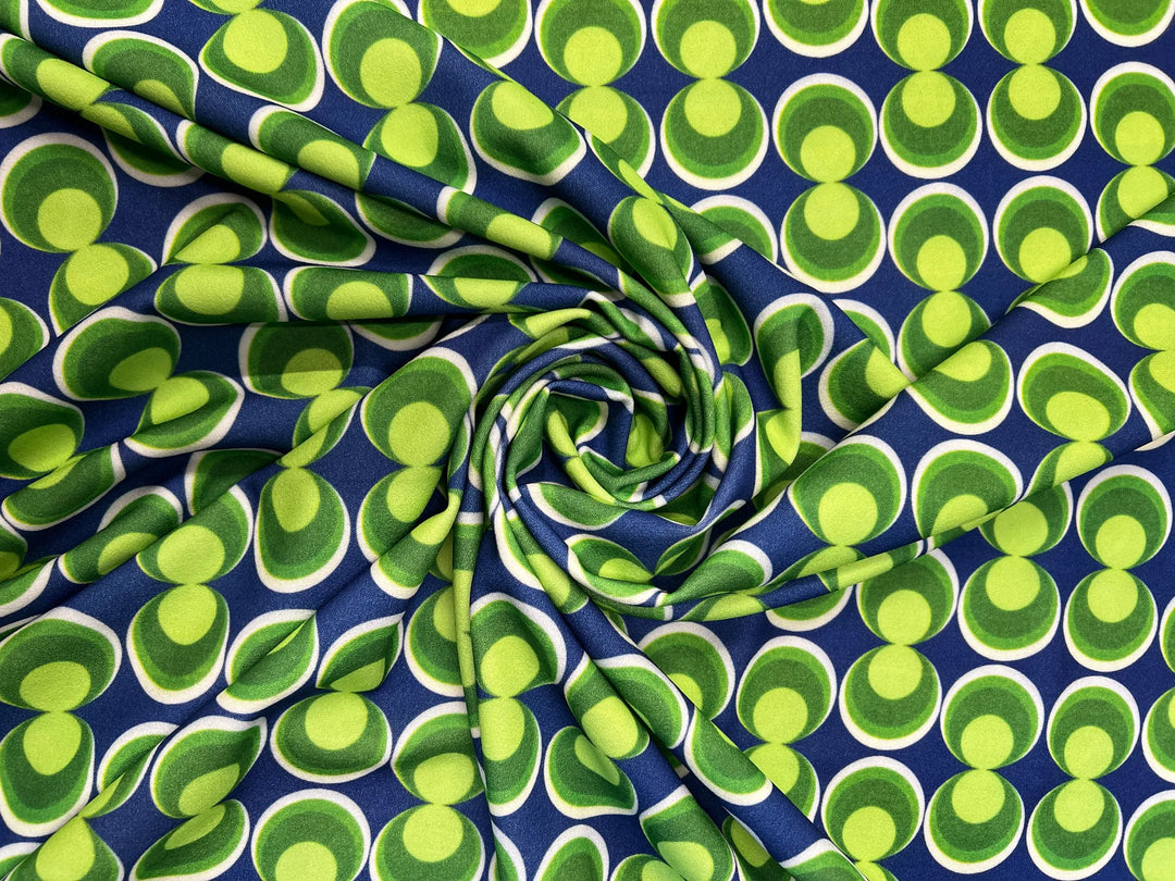 Navy & Lime Green Retro Circle Scuba Crepe – £5.99/m