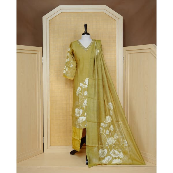 Olive green colour churidar set with a Stone & Bead Work on the V-neckline, floral printed sleeves , paired with a matching floral printed w