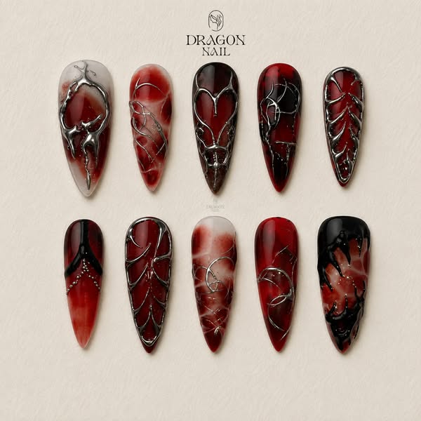 Crimson Marble Gothic Press On Nails