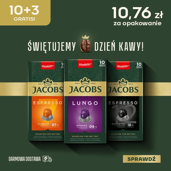 𝟏𝟎+𝟑 𝐨𝐩𝐚𝐤𝐨𝐰𝐚𝐧𝐢𝐚 𝐆𝐑𝐀𝐓𝐈𝐒 kapsułki Jacobs do Nespresso® Original* - STWÓRZ SWÓJ ZESTAW, 𝐃𝐀𝐑𝐌𝐎𝐖𝐀 𝐃𝐎𝐒𝐓𝐀𝐖𝐀