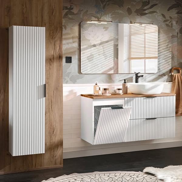 Meuble vasque 120cm blanc bois panier linge Adriel