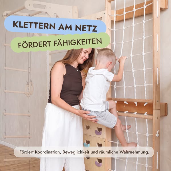 7-in-1 Kletterwand fürs Kinderzimmer mit Sprossenwand, Kletternetz, Klimmzugstange & (3in1) Kinderschaukel-Set