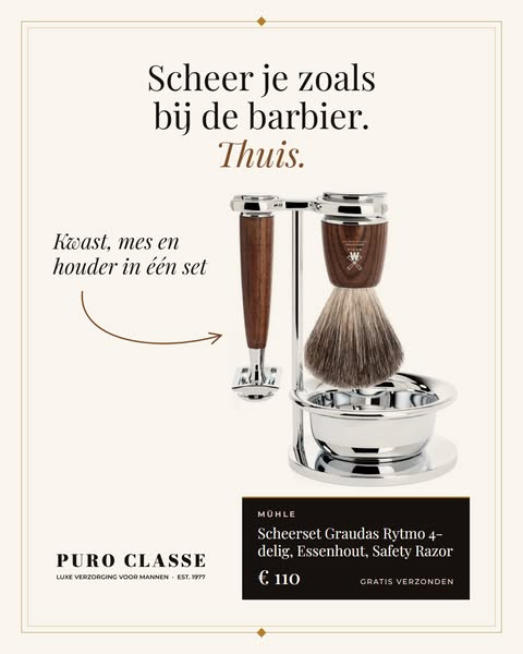 MÜHLE Scheerset Graudas Rytmo 4-delig, Essenhout, Safety Razor