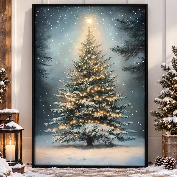 Vintage Christmas Canvas Painting, Glowing Christmas Pine Tree Winter