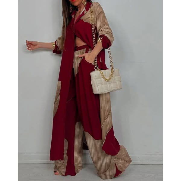 Women's V-neck Patchwork Top and Pants Casual Set