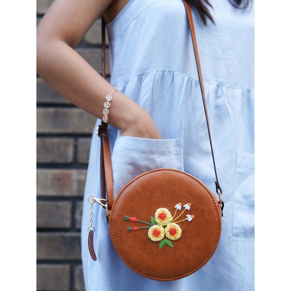 Hand Embroidered Three Roses Round Sling Bag