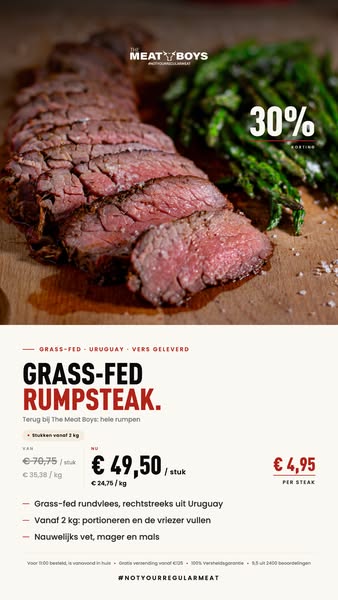 €4,95 per steak. Grass-fed. Het malse broertje van de ossenhaas.