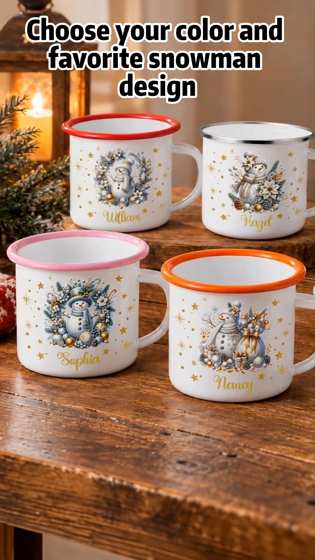 Personalized Name Cartoon Snowman Enamel Mug, 12oz Shatterproof Cup with Handle, Cocoa Milk Mug, Holiday Stocking Stuffer, Christmas Gift fo