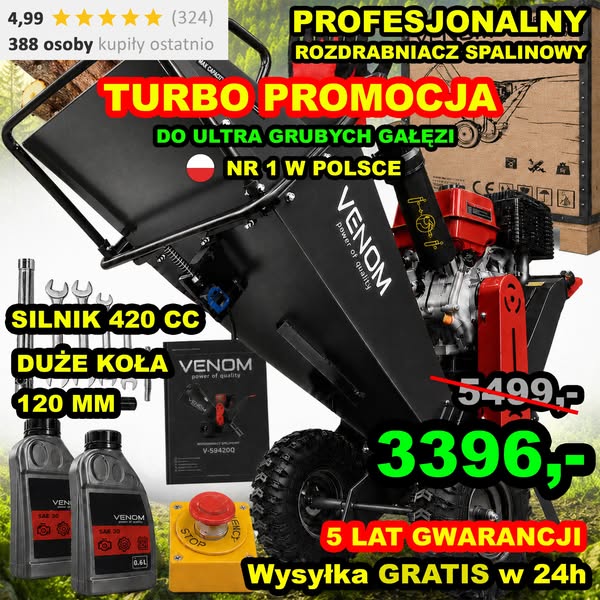 TURBO WYPRZEDAŻ ROZDRABNIACZY VENOM Mocny silnik SENCI 420cc gałęzie do 120 mm i profesjonalna praca bez kompromisów