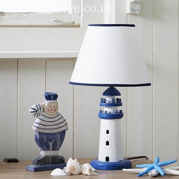 Painted Wooden Lighthouse Lamp - Blue & White