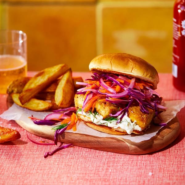 Crispy Tofu Burger With Dill & Lemon Mayo And Crunchy Curdito