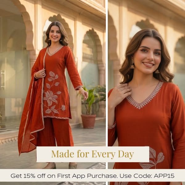 Rust Solid Crepe Straight Kurta Set with Floral Hand Embroidery & Sequin, V-Neck, Flared Palazzo & Poly Crepe Solid Taping Dupatta