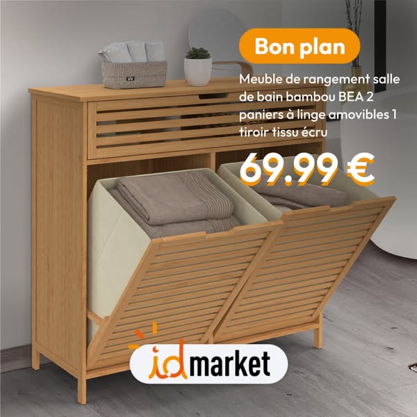 Meuble de rangement salle de bain bambou 2 paniers à linge amovibles 1 tiroir tissu écru