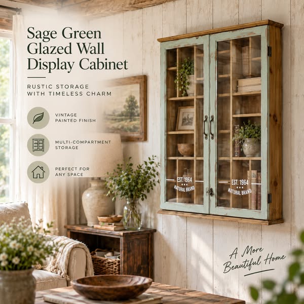 Sage Green Glazed Wall Display Cabinet – Rustic Pigeonhole Storage Unit