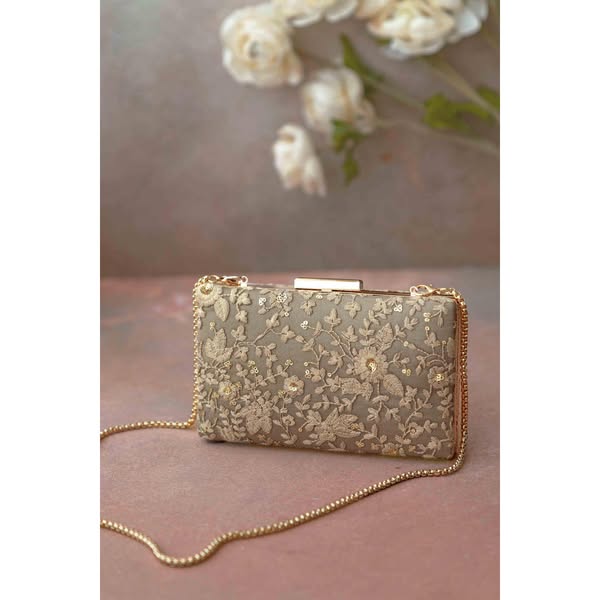 Grey Embroidered Box Clutch