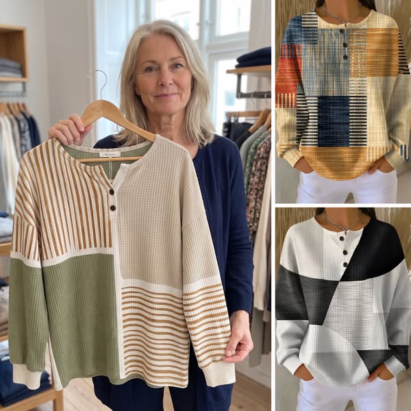 Inge™ | Langærmet Vaffelbluse med Knapper