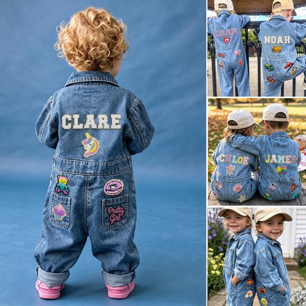 Personalized Baby Hand Embroidered Oversized Denim Jumpsuit