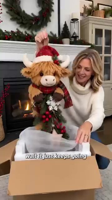 Save 49%! Lighted Highland Cow Christmas Door Swag | Warm Festive Glow | Tartan & Evergreen Details