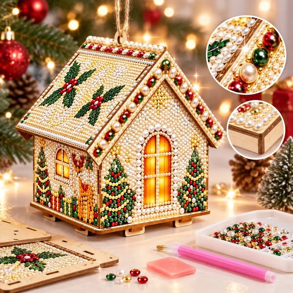 Christmas Diamond Painting Ornament Kit - DIY Wooden Hanging House Decor (Christmas Cottage)